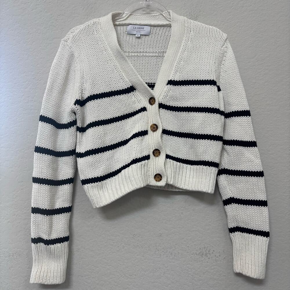 La Ligne Mini Marina Striped Knit Cropped Cardigan Sweater Cream Navy - Picture 2 of 7